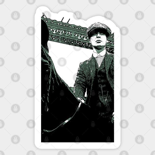 Thomas Shelby sits on his black horse with hat and suit as abstract comic graphic peaky blinders Sticker by ComicPrint